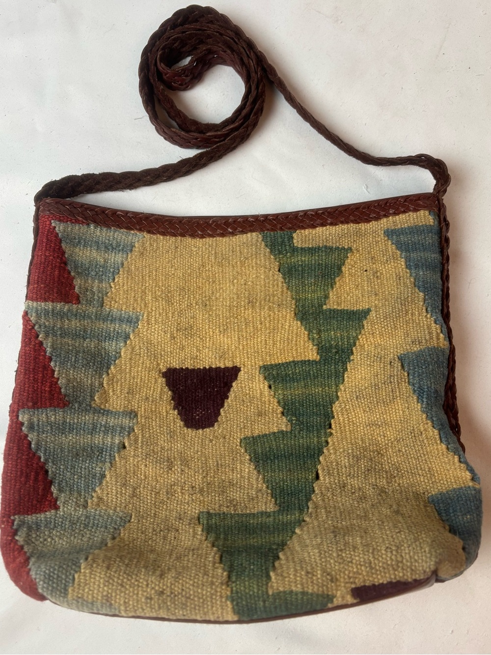 Vintage Wool Kilim Rug Shoulder Bag Southwest Aztec Braided Leather Strap Boho